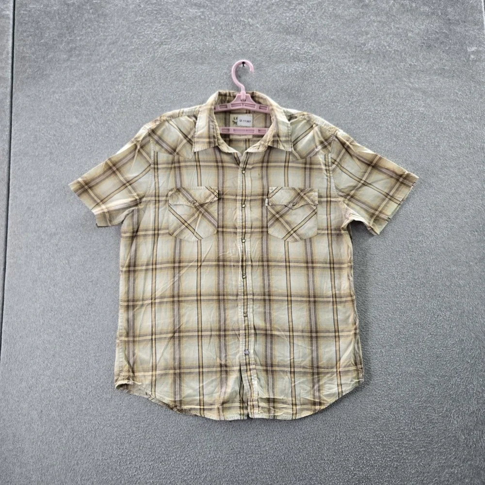Levi's Men Button‎ Up Shirt LARGE Beige Plaid Western Short Sleeve